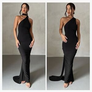 Black Ruched Asymmetrical Cocktail Dress